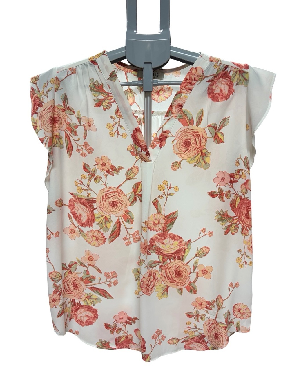 Chaus Cream Floral Split V-Neck Cap Sleeve Blouse